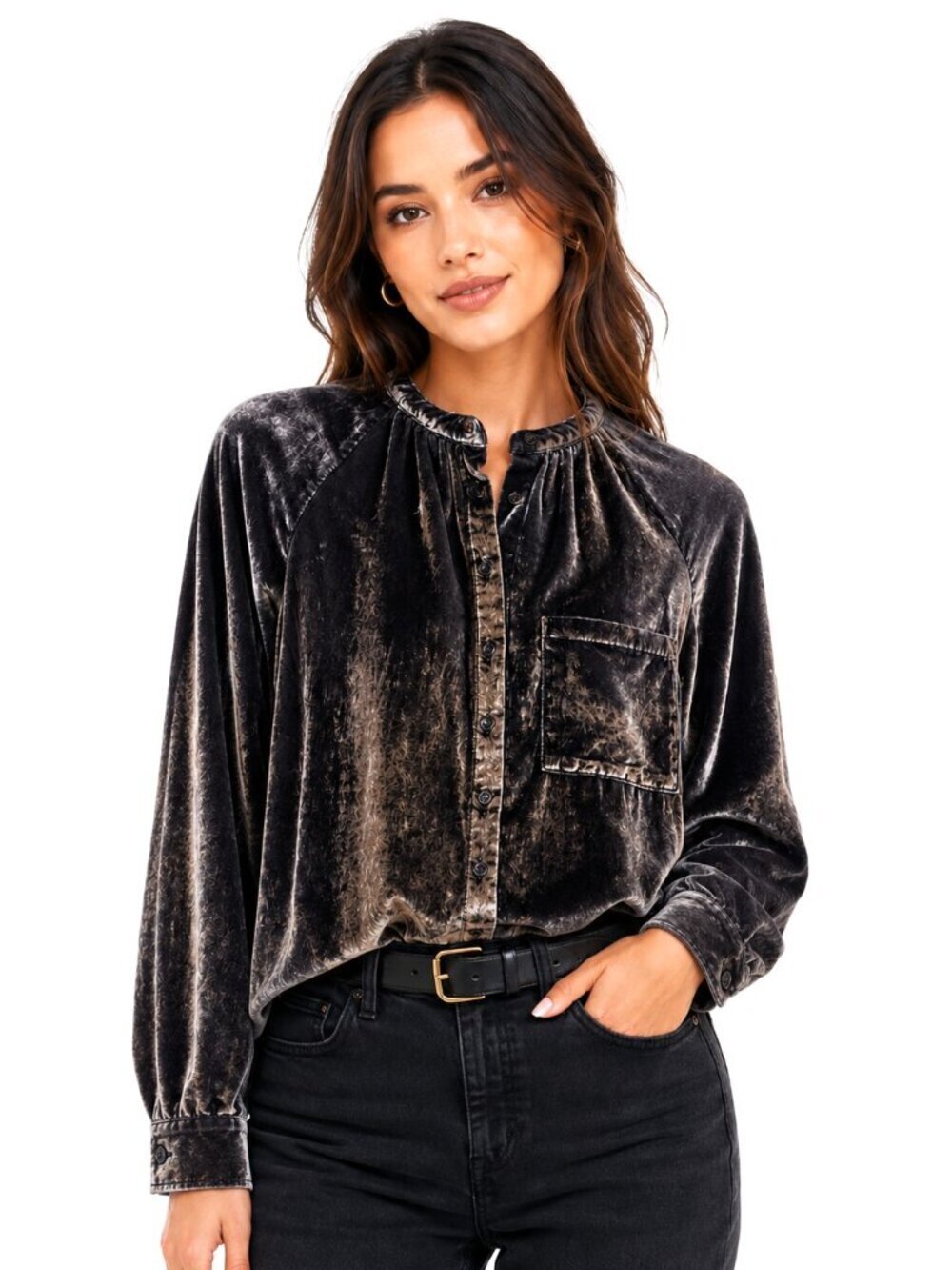 Anthropologie Pilcro Silver Grey Velvet Long Sleeve Blouse